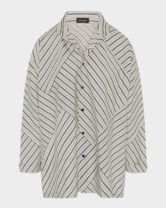 Raised Twist Stripe Patchwork Slim A-Line Double Stand-Collar Shirt With Stepped Insert (Long Length)